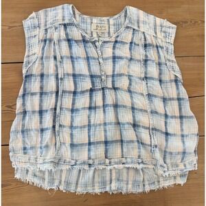 Ryan Michael Womens Western Plaid Sleeveless Top Frayed‎ Hem Blue Small